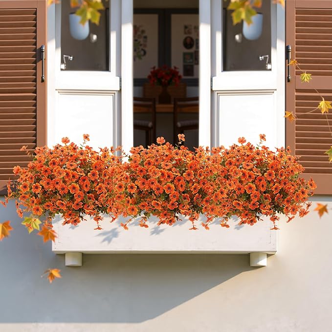 Artificial Mums Fall Fake Flowers for Outdoors, 12 Bundles Faux Mums for Outdoor Planters Autumn Decorations,UV Resistant Silk Flowers Plastic Plants for Front Porch Garden Patio Home Decor (F-Orange)