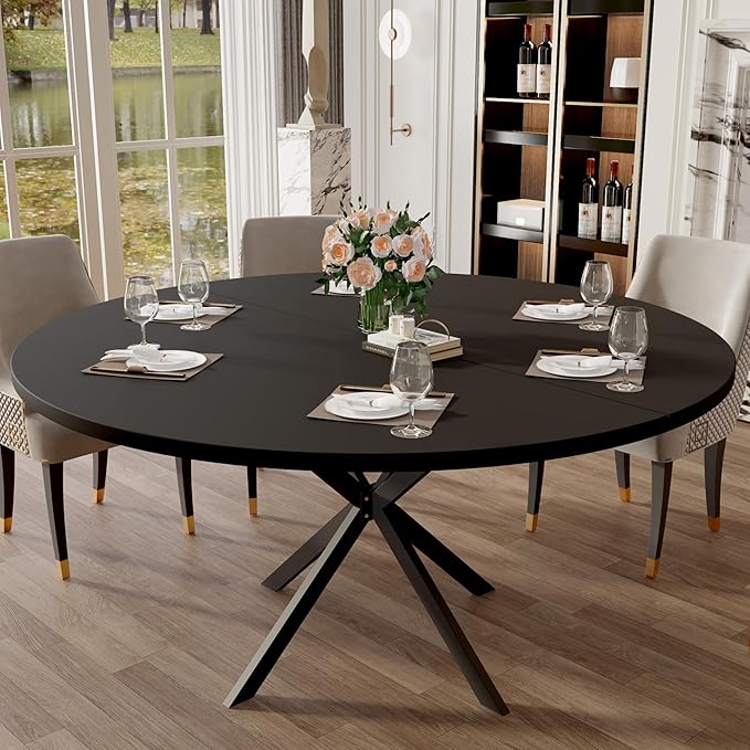 47.24" Round Dining Table, Modern Dining Room Table for 4-6 Person, Wood Round Kitchen Table with Metal Legs, Round Coffee Table for Home Dining Room Living Room (Black)