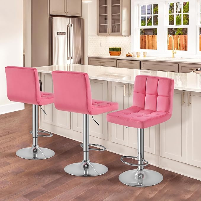 Yaheetech Pink Bar Stools Set of 2, Adjustable Velvet Barstools, Modern Counter Height Swivel Stool with Bigger Base for Kitchen Island, Pink