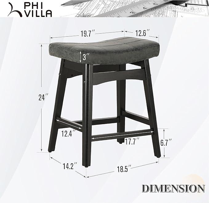 PHI VILLA Counter Height Bar Stools Set of 2 - Farmhouse Barstools with Upholstered Saddle Seat and Solid Wood Legs, Kitchen Counter Island Stools