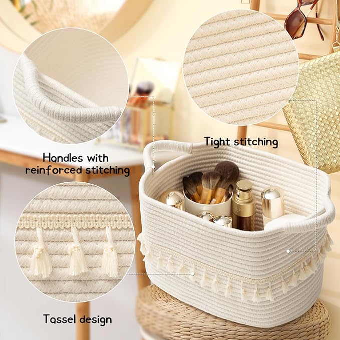 TeoKJ White Cotton Rope Baskets for Storage, Set of 3 Woven Clothes Basket for Organizing and Storage, Blanket Basket for Living Room Laundry Bathroom Shelves