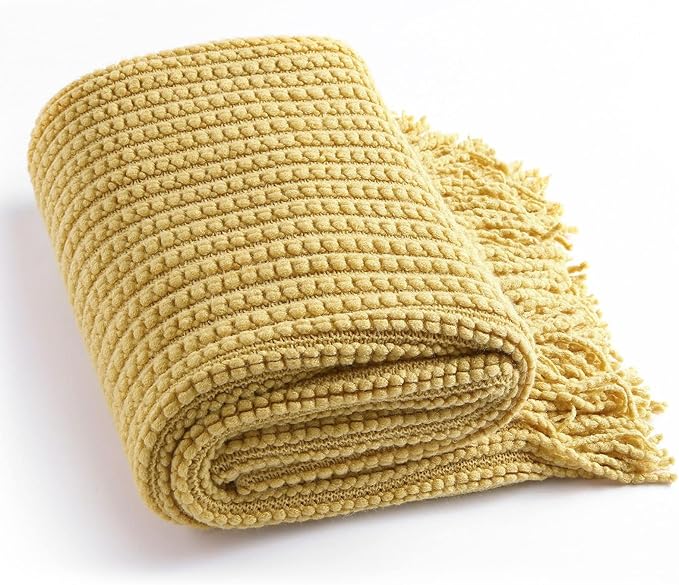 Blagic Knitted Throw Blanket for Couch Soft Farmhouse Boho Throw Blanket with Tassels Home Decorative Lightweight Throw Blankets,Mustard Yellow Throws for Bed/Chair/Sofa, Wheat Textured,50" W x 60" L