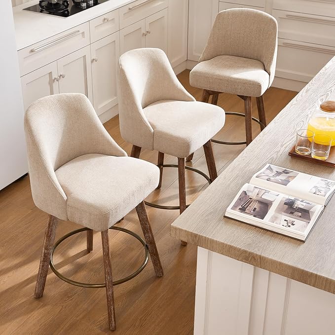 IWOOD Mid Century Modern Counter Height Bar Stools Set of 3,360° Swivel Barstools with Solid Wood Legs,26'' Island Chairs with Wrap-Around Backrest,Sand Linen Comfort Fabric