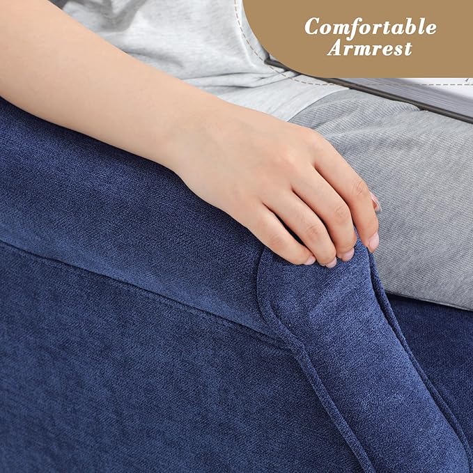 Athena Collection Mid Century Modern Chair for Living Room, Upholstered Wingback Reading Chair for Adults, Comfy Linen Fabric Armchair with Wooden Legs for Bedroom, Dorm, Balcony, Blue