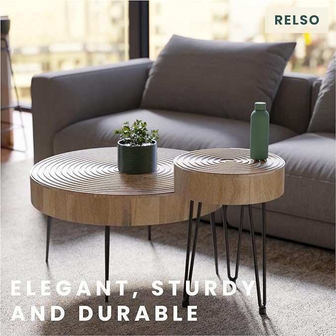 Relso Aspen Round Nesting Coffee Table Set of 2 – Solid Wood Nesting Tables with Metal Legs, Natural Finish | End Table with Ring Pattern | Modern Accent Tables for Living Room, Boho, Farmhouse Decor