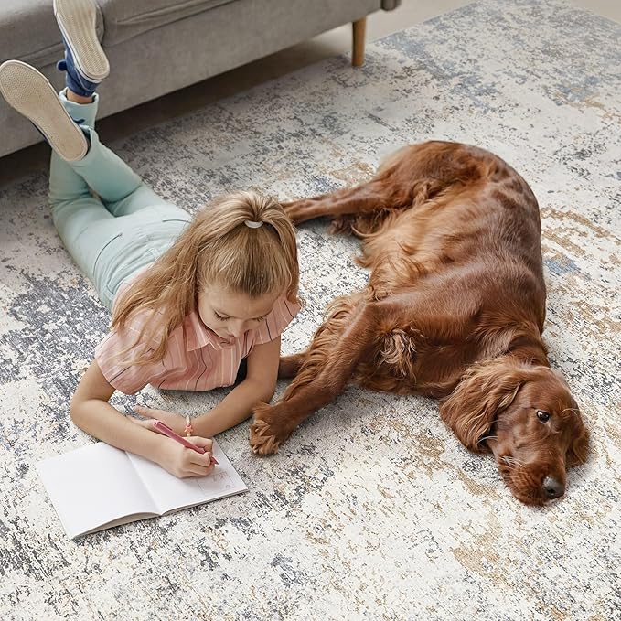 Area Rugs for Living Room: 6x9 Large Soft Washable Rug Modern Abstract Non-Slip Backing Stain Resistant Carpet for Bedroom Dining Room or Home Office Home Decor - Blue