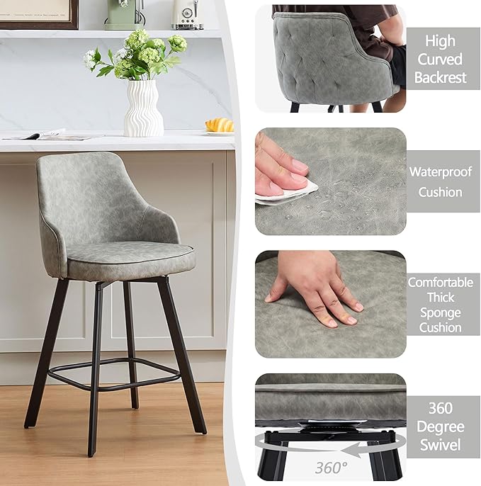 Bar Stools Set of 3, 26" Swivel Counter Height Bar stools with High Back, Faux Leather Kitchen Barstools Counter Height for Kitchen Island (Light Grey, 3PCS 26" Counter Stools)