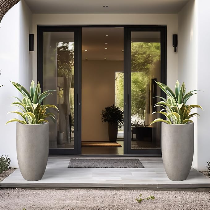 Kante 24 Inch Tall Round Concrete Planter, 2 Pack Large Indoor Outdoor Plant Pots with Drainage Hole and Rubber Plug, Modern Decorative Garden Pots for Home Patio Porch, Weathered Concrete