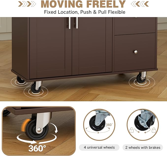 Shintenchi Kitchen Island with Folding Drop Leaf, Rolling Island Table with Storage, Kitchen Cabinet on Wheels with Seating Area for Kitchen, Bar Cart with Cabinet, Brown