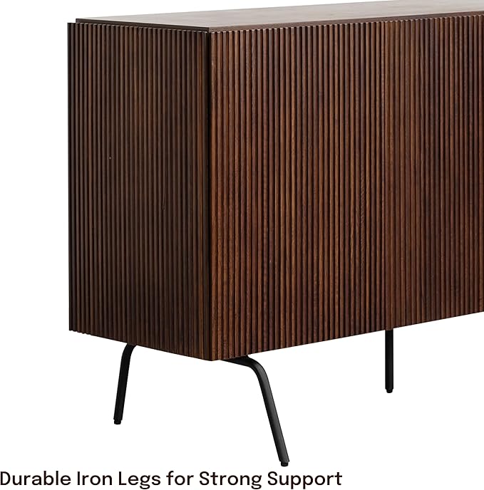 NTC Veil Modern Sideboard with 3 Doors, Buffet Cabinet with Vertical Groove Design and Metal Legs, Storage Cabinet for Living Room, and Hallway, Effortless Assembly - Dark Walnut