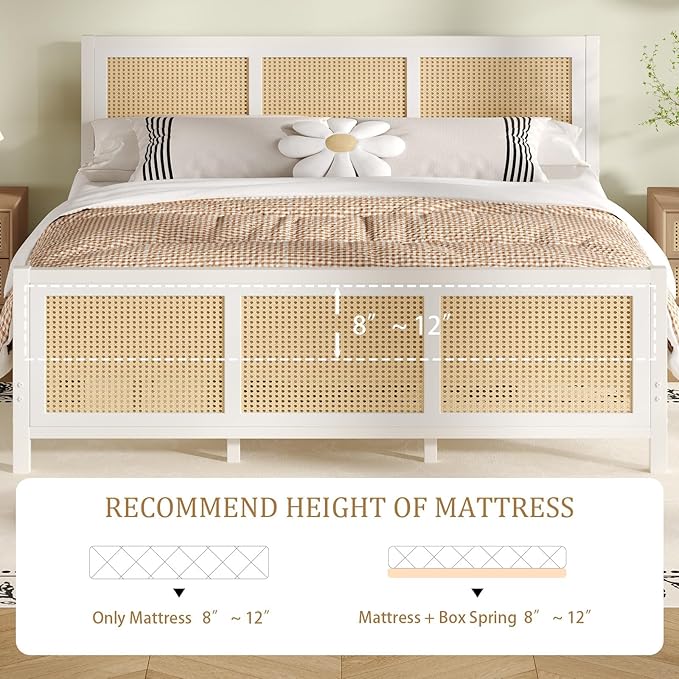 Boho Bed Frame Full, Rattan Full Bed Frames with Headboard, Metal Platform Bed Frame Full Size with Strong Slats Support, No Box Spring Needed, Noise Free, Easy Assembly, White