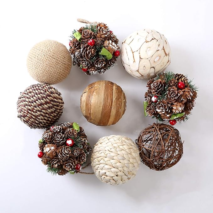 9pcs 3.5Inch Christmas Decorative Ball Orb Rattan Ball Rattan Woven Orbs Spherical Bowl and Vase Filler for Home Party Wedding Display Decor Props
