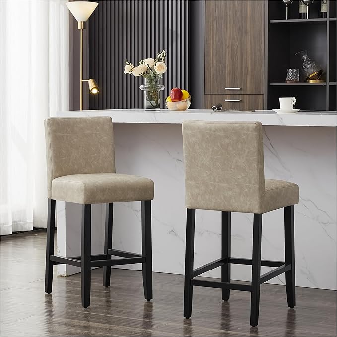 26'' Faux Leather Bar Stools, Modern Upholstered Bar Height Bar Chairs, Soild Wood Legs Barstools with Back, Beige