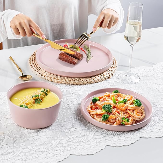 AmorArc Ceramic Dinner Plates Set of 6,10.0 Inch Matte Stoneware Plates for Kitchen,Modern Flat Dinnerware Dishes Set,Microwave& Dishwasher Safe, Scratch Resistant, Matte Pink