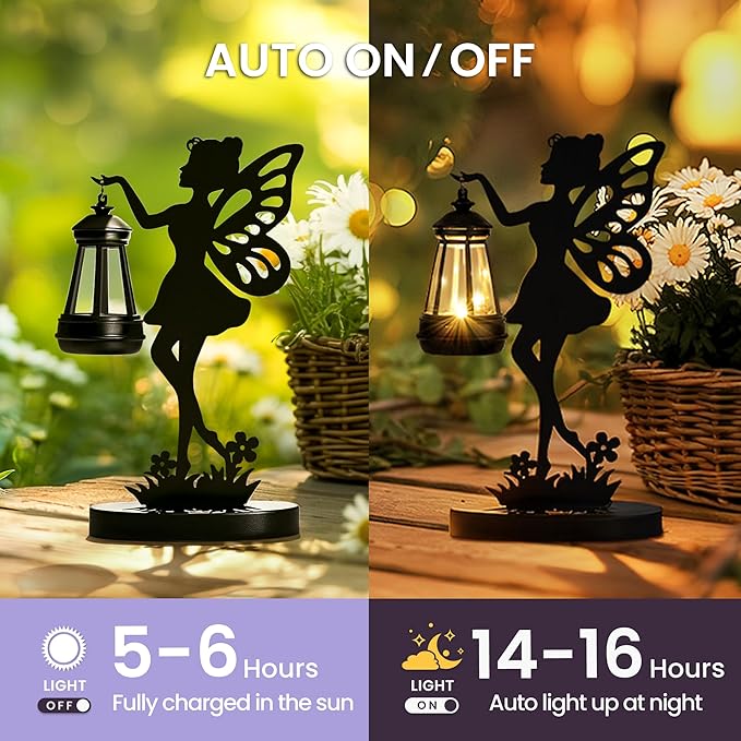 Solar Garden Statues Outdoor Decor, Fairy Garden Accessories, Housewarming Ornament Gift for Women Mom Grandma, Metal Decorative Figurine Light for Patio, Lawn, Yard, Pathway