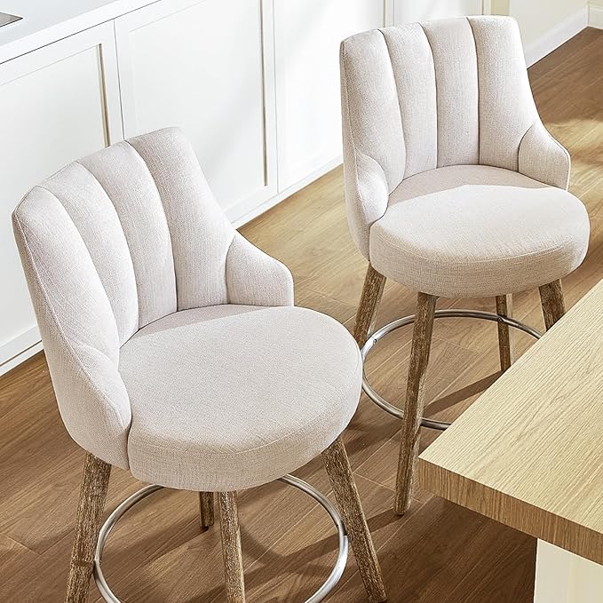 IWOOD Counter Height Bar Stools,Swivel Bar Stools with Backs,Barstools Set of 4,26'' Solid Wood Legs,Thick Seat Upholstered Linen Fabric Counter Height Stools in Beige