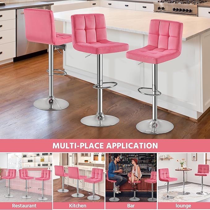Yaheetech Pink Bar Stools Set of 2, Adjustable Velvet Barstools, Modern Counter Height Swivel Stool with Bigger Base for Kitchen Island, Pink