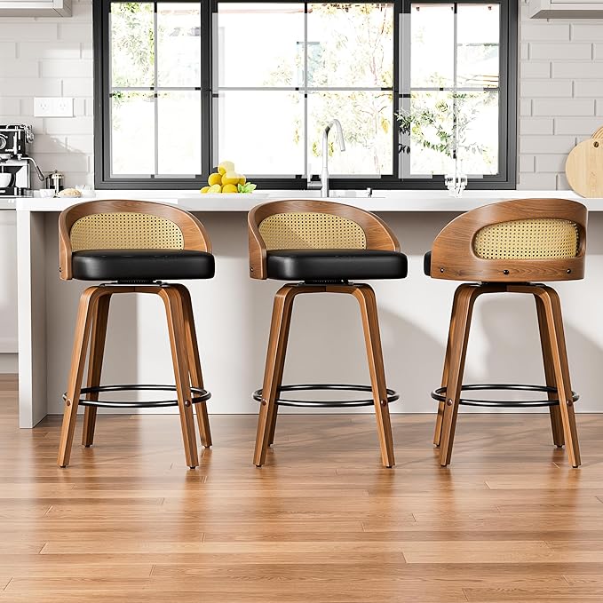 Swivel Bar Stools Set of 4, 26" Upholstered Faux Leather Barstools with Bentwood Legs, Mid Century Modern Counter Height Bar Stools with Rattan Back for Kitchen Island, Dining Room, Black