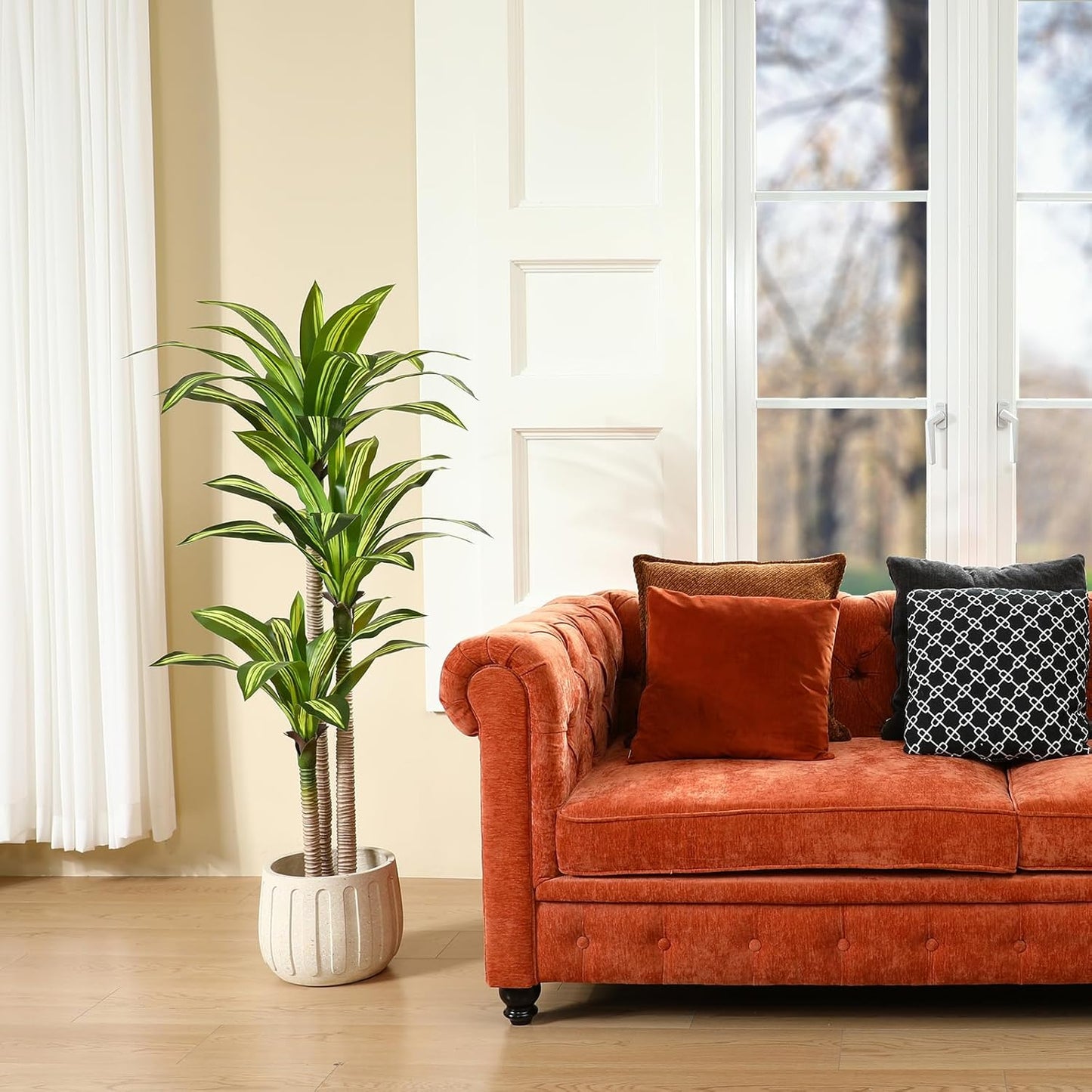 Artificial Plants, 5 Ft Dracaena Tree Faux Plants Indoor Outdoor Decor Fake Tree with Woven Seagrass Basket Plants for Home Decor Office Living Room Porch Patio Housewarming