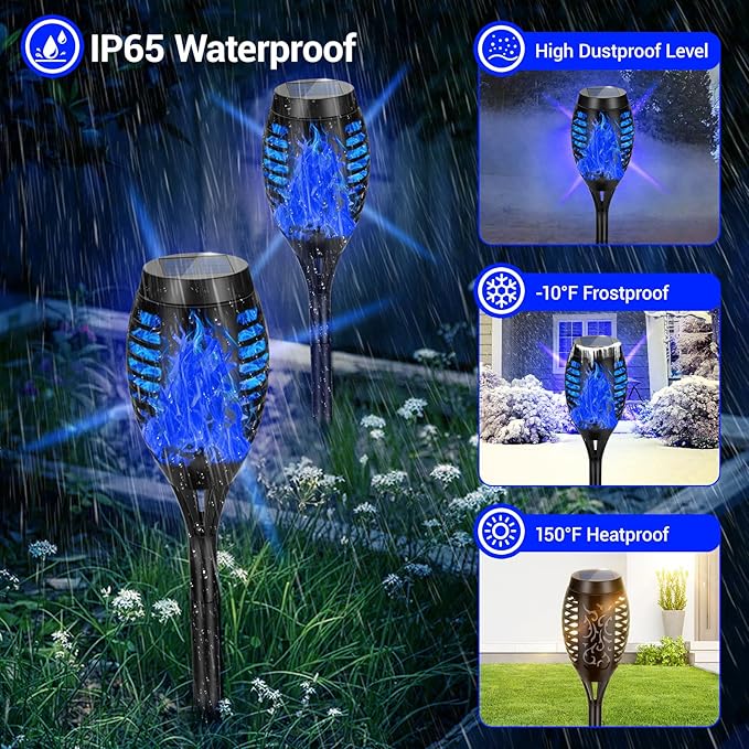 Solar Lights Outdoor, Upgraded 16 Pack Blue Solar Torch Light with Flickering Flame for Garden Decor, Waterproof Outdoor Lights Solar Powered, Tiki Torches for Outside Yard Patio Pathway Decor