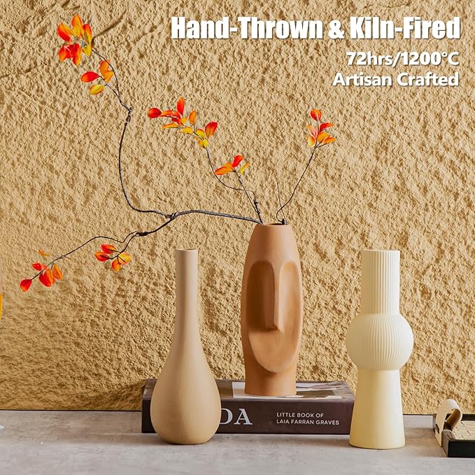 Ceramic Flower Vase Set of 3, Home Decor Vases for Centerpieces, Tulips Flowers Pampas Grass Decor, Boho Rustic Farmhouse Kitchen Bedroom Bathroom Living Room Office Wall Decor Aesthetic -Beige