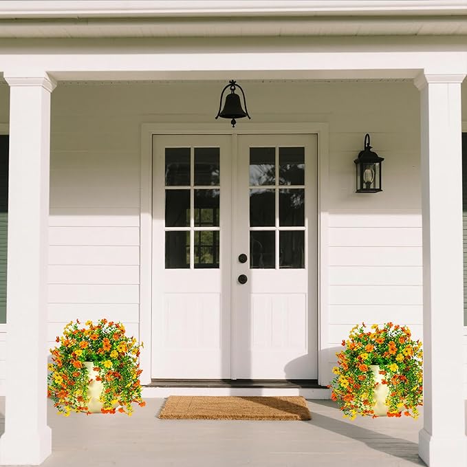 Artificial Flowers for Outdoors Decoration, 2 Pcs Outdoor Faux Plants Daisy with Eucalyptus Leaves Fall UV Resistant Fake Flowers Hanging Planters for Front Porch Patio Yard Door Garden Home Decor