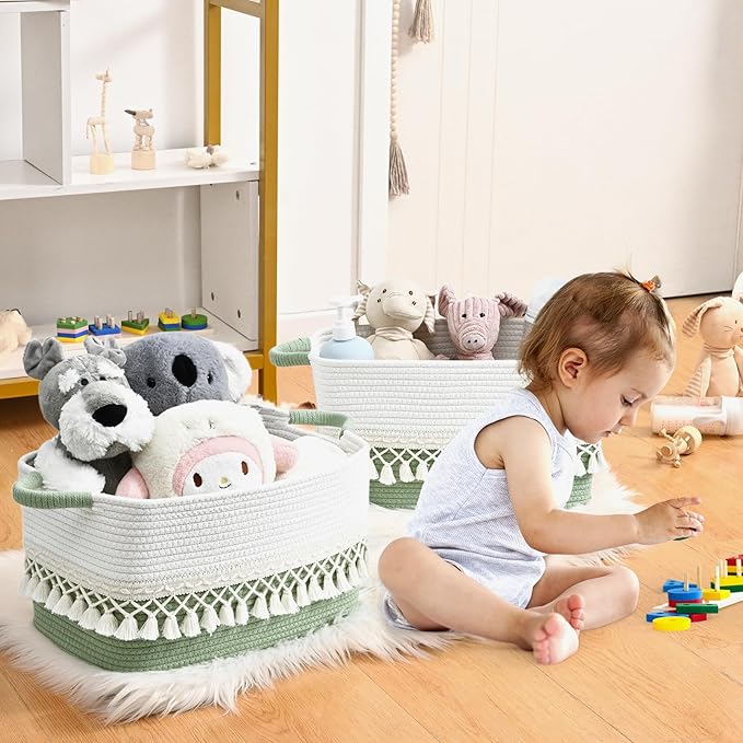 3 Pack Storage Basket for Shelves, Boho Cotton Rope Storage Bins with Heavy Tassel, Shelf Baskets Large Woven Baskets for Organizing, Cube Organizer Bins, Baby Laundry Basket for Clothes, Toys, Pets