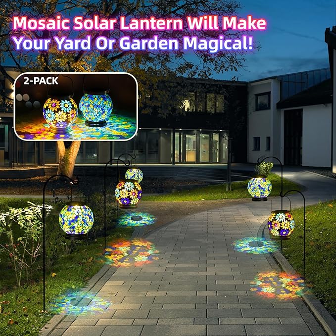 VOREEN 2 Pack Mosaic Solar Lanterns, Handmade Outdoor Glass Hanging Lights, Solar Table Lamps, Waterproof Night Lights, Gift for Mom Wife Friend, Decor for Garden, Patio, Yard, Party, Balcony, Round