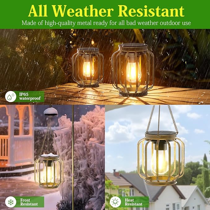 Solar Lanterns, Upgraded Metal Outdoor Lights, Brighter Hanging Solar Lights for Outside Waterproof, Auto On/Off Warm White Lighting for Yard, Garden, Patio, Pathway Decor (Bronze, 2 Pack)