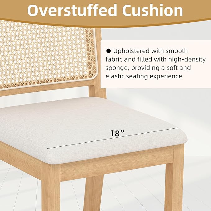 Westice Rattan Bar Stools Set of 6, 26" Farmhouse Counter Height Stools with Natural Rattan Back and Wood Frame, Upholstered Line Fabric Seat Cushion, Wooden Stools for Kitchen Island/Pub, Natural