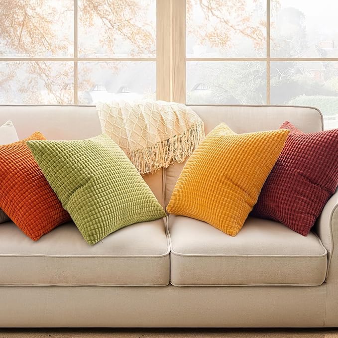 MIULEE Fall Decorative Pillow Covers 18x18 Inch Set of 4 Burnt Orange Green Gradient Series Boho Farmhouse Home Decor Couch Throw Pillows Summer Modern Corduroy Pillowcases for Sofa Living Room Bed