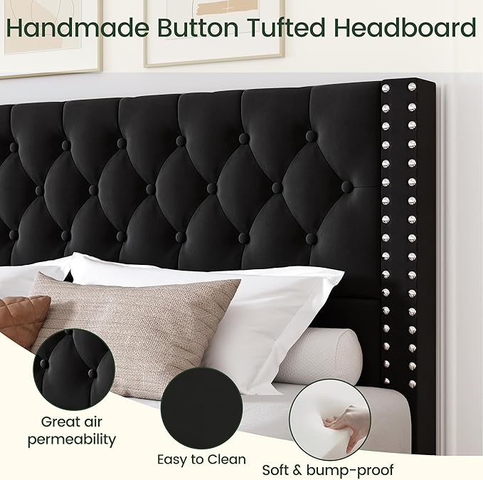 LARMACE King Size Bed Frame with 4 Storage Drawers and Tufted Headboard Linen Upholstered Platform Bed Frame with Heavy Duty Wood Slats, No Box Spring Needed, Easy Assembly,Black