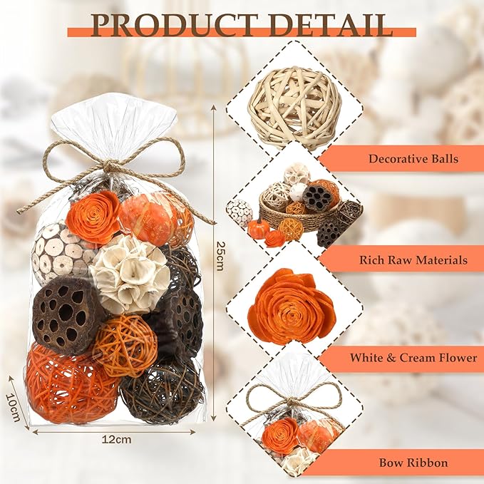 Riceshoot 2 Pack Decorative Balls Potpourri Bowl Filler Decor Natural Vase Bowl Filler Assorted Spherical Rattan Twigs Wicker Balls Cotton for Home Centerpiece(Orange)