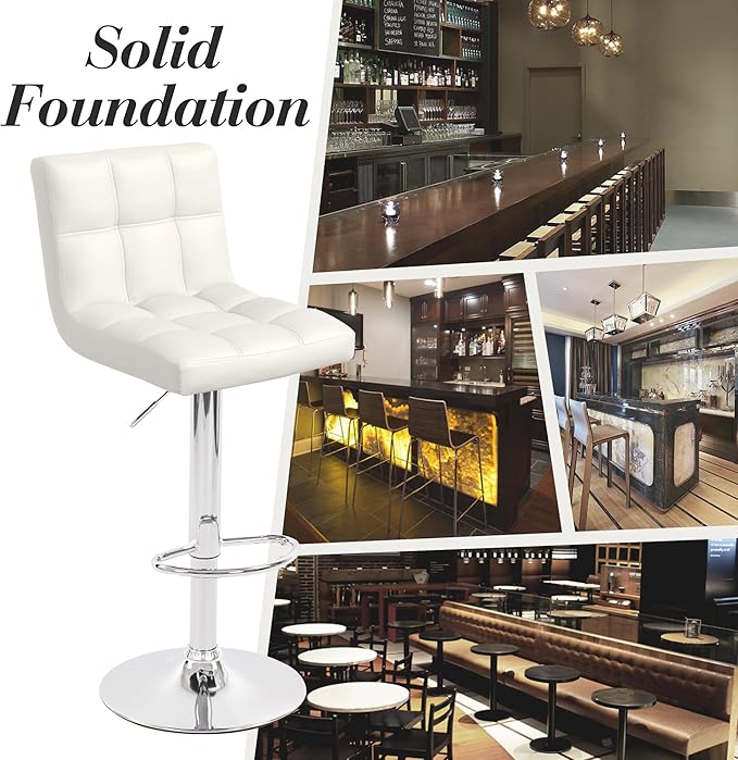 Modern Counter Height Bar Stools Set of 6, Armless Adjustable Swivel Square Bar Chairs Kitchen Barstools with PU Leather and Large Base for Dining Room/Island(White)