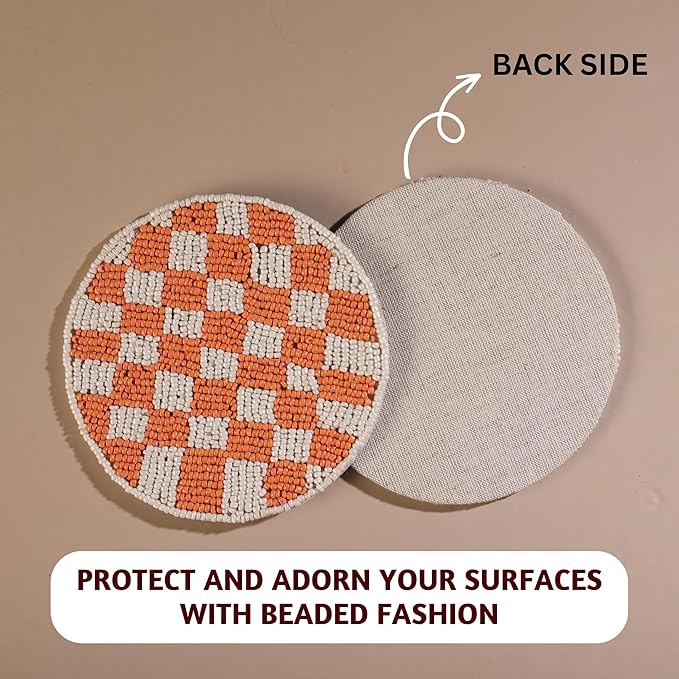 Folkulture Coaster for Drinks | (4") Pack of 4 Multicolor Boho Coasters | Cute Round Boho Coaster | Beaded Drink Coasters for Coffee Table | Round, Beaded, Hand Wash Only