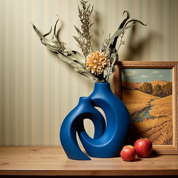 Snuggle Hollow Ceramic Vase Set of 2, 8.4 inch Modern Nordic Coastal Shaped Pampas Grass Aesthetic Decorative Table Vases for Home Decor (Matte Navy Blue - M)