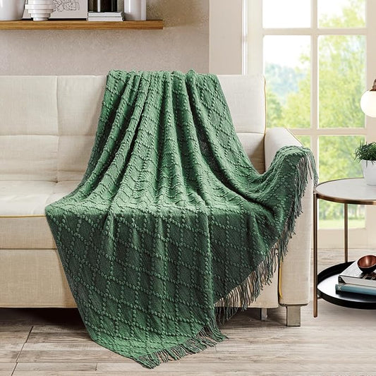 BOURINA Green Throw Blanket 50 x70 Inches Jacquard Argyle Throw Textured Solid Soft Throws and Blankets for Sofa or Bed Knitted Decorative Blanket