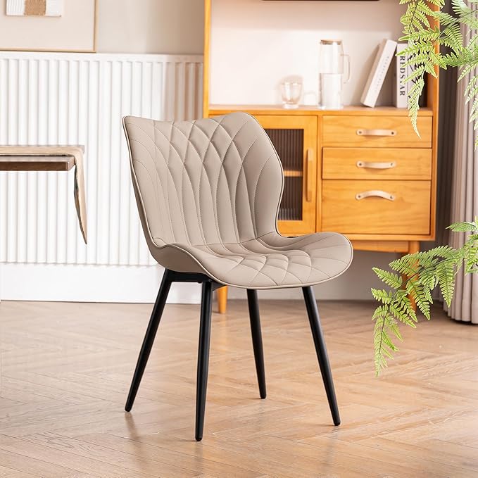 YOUNIKE Dining Chairs Set of 2, Upholstered Leather Kitchen Dining Room Chairs, Modern Living Room Chairs with Wide Curved Back and Metal Legs, Khaki Taupe