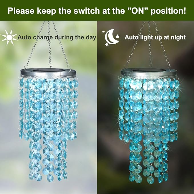 Hanging Solar Lantern Outdoor, 2 Tiers 21” Solar Blue Acrylic Beaded Chandelier with Cool White LED S Hooks for Garden Yard Patio Gazebo Outside Decor
