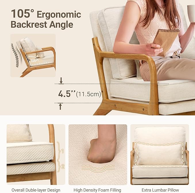 Modern Accent Chair Set of 2 with Lumbar Pillow, Relaxing Mid Century Chair Armchair with Solid Wood Frame & Soft Cushion, Reading Leisure Armchair for Living Room, Beige