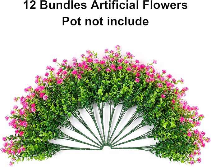 Ivydale Artificial Flowers Plants for Spring Summer Outdoors Decoration, 12 Bundles Fake Plastic UV Resistant Pink Flowers Faux Greenery Bushes Shrubs for Home Porch Patio Garden (Pink)