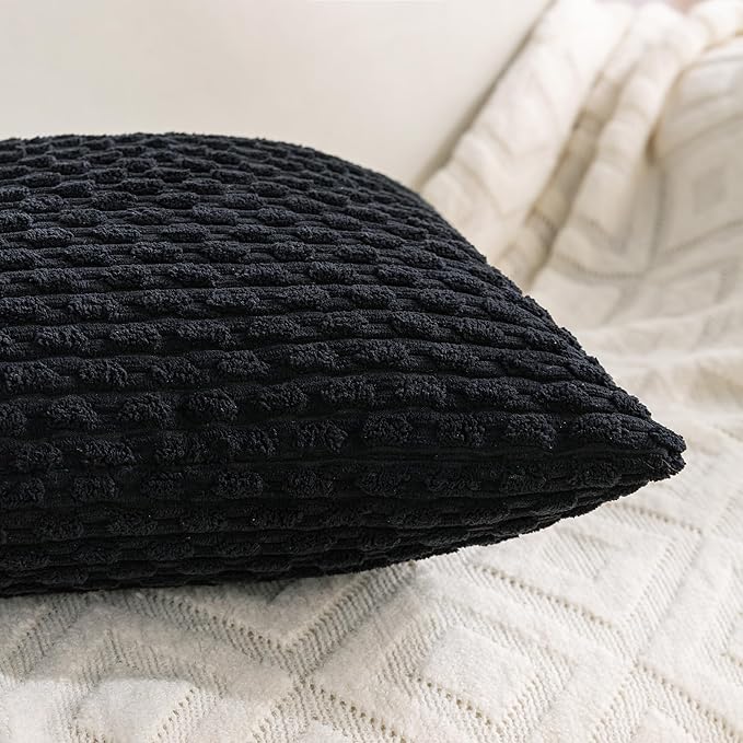 Set of 4 Black Decorative Throw Pillow Covers 16x16 Inch Corduroy Pillow Covers for Bed Couch Sofa Living Room Soft Square Cushion Cases