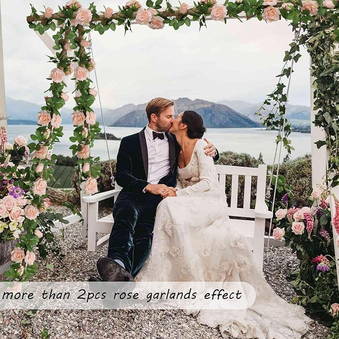 Felice Arts 2 Pack Pink Artificial Rose Garland Each 6.5FT Fake Rose Vine Hanging Floral Garland for Wedding Swing Table Centerpiece Arrangement Decor