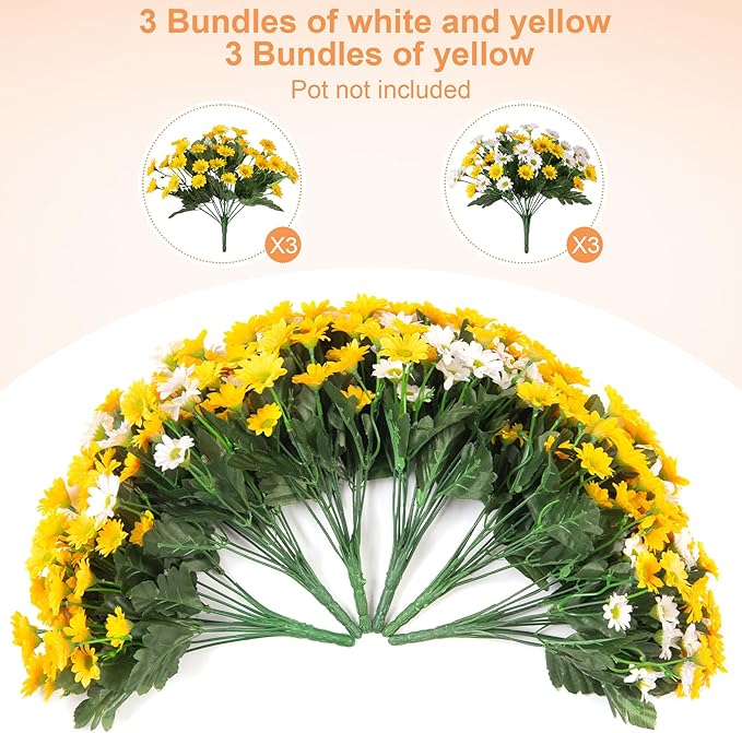 Fake Mums Fall Artificial Flowers for Outdoor Decoration, 6 Bundles Faux Silk Daisy Flowers Realistic UV Resistant No Fade Fall Fake Plants for Home Patio Porch Garden Window Box Decor(Yellow White)