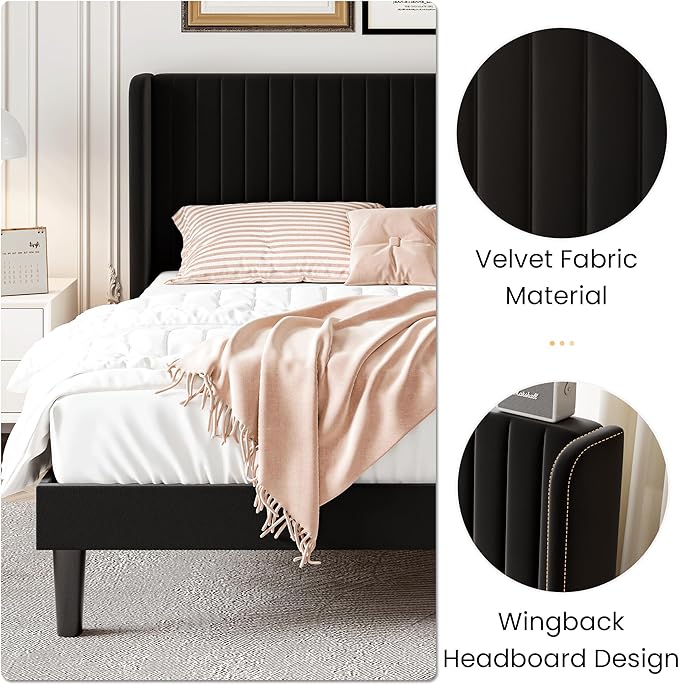 SHA CERLIN Queen Size Velvet Bed Frame with Vertical Channel Tufted Wingback Headboard, Upholstered Platform Bed with Wood Slats, No Box Spring Needed, Easy Assembly, Black