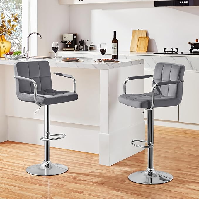 Yaheetech Counter Height Bar Stools Set of 2 Velvet Swivel BarStools for Kitchen Stool Height Adjustable Counter Stool Barstools with Armrest, Velvet, Grey