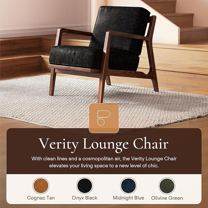 POLY & BARK Verity Leather Accent Chair – Armchair with Walnut Wood Frame – Fashion-Forward Lounge Seating for Living Room – Upholstered in Onyx Black Leather for Modern Style
