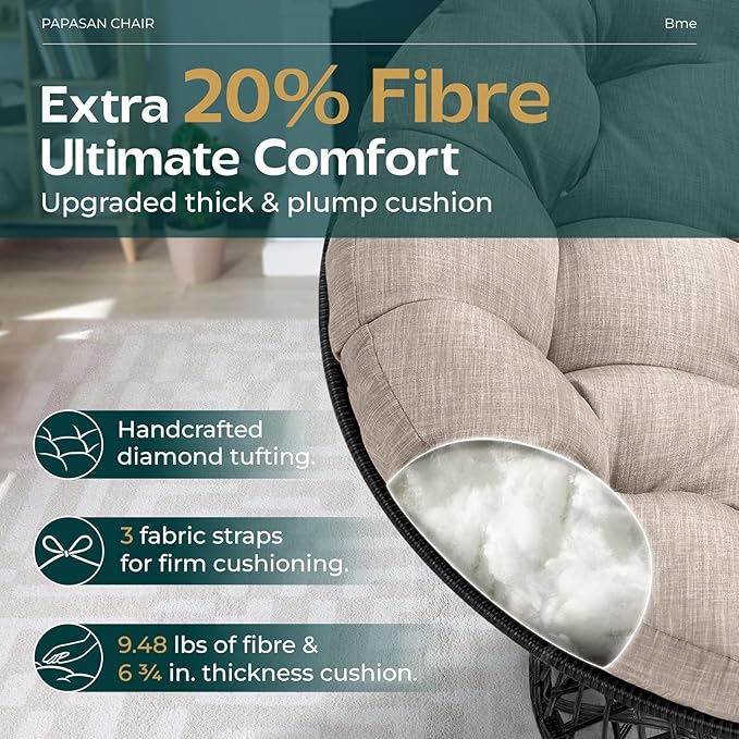 Bme 40" Ergonomic Wicker Papasan Chair with Soft Thick Cushion & Frame, 360° Swivel, Circle, Reading, Comfy Chair for Living Room, Bedroom