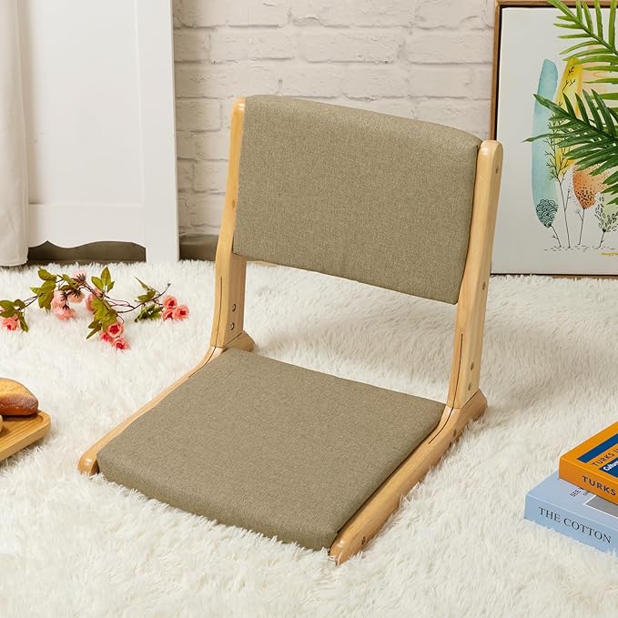 HollyHOME Foldable Japanese Style Floor Chair with Back Support, Tatami Chair with Cushion, Meditation Seat for Bay Window, Living Room, Bedroom, Dark Grey