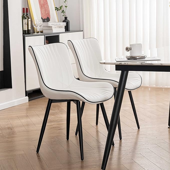 YOUTASTE Dining Chairs Set of 2, Mid Century Modern Upholstered Faux Leather Kitchen Room Chairs, with Black Metal Legs, Armless Accent Chair for Living Room, Bedroom, Vanity, White